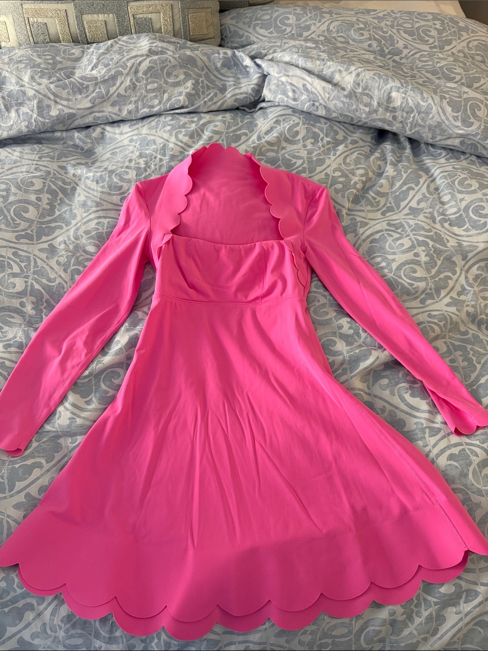 Bright Pink Scalloped Long Sleeve A-Line Dress
